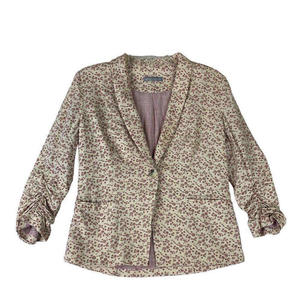 Olivia‎ Moon Blazer Womens Medium Ivory Pink Floral Ruched Sleeves Lined Jacket